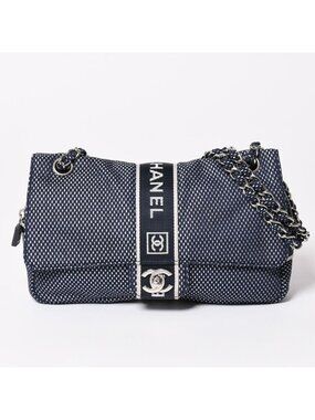 Chanel Sports Line Mesh Chain Shoulder Bag Fabric CC Logo CC Turnlock Navy